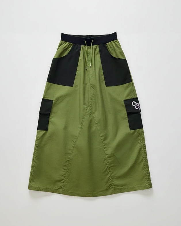 Sustainable Green and black skirt with patchwork design 
