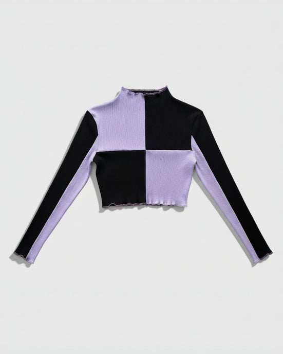 Black and purple patchwork long-sleeved crop top
