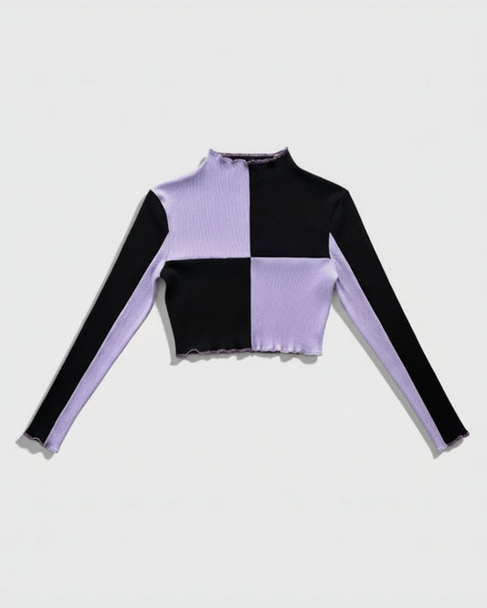 Black and purple patchwork long-sleeved crop top