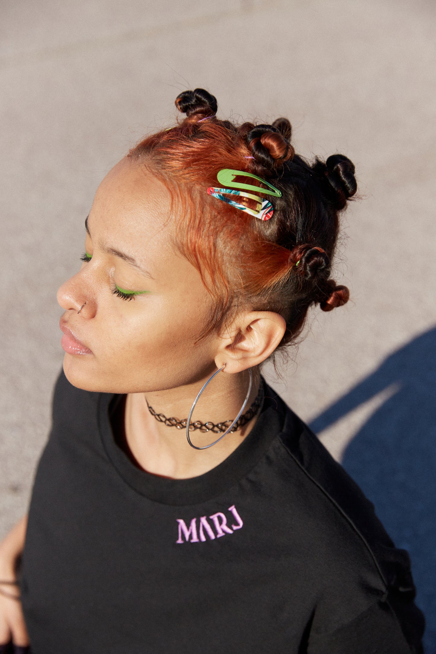 MARJ organic cotton black T shirt with lavender logo