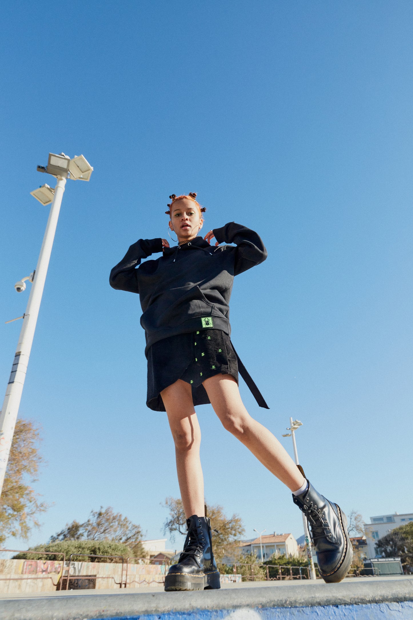 MARJ black hoodie black corduroy skirt