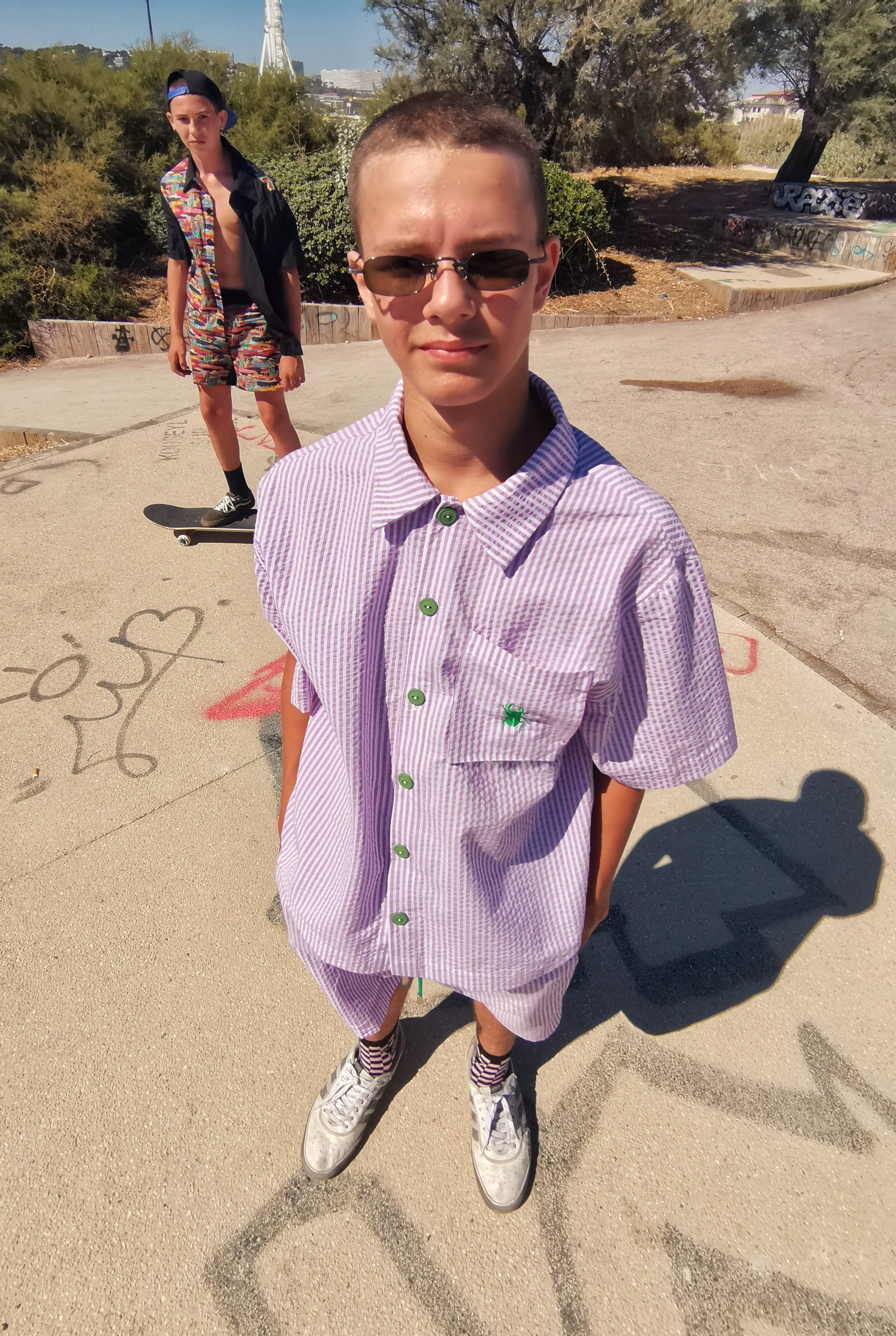 MARJ purple white seersucker shirt with green beetle embroidery upcycling deadstock fabrics sustainable streetwear