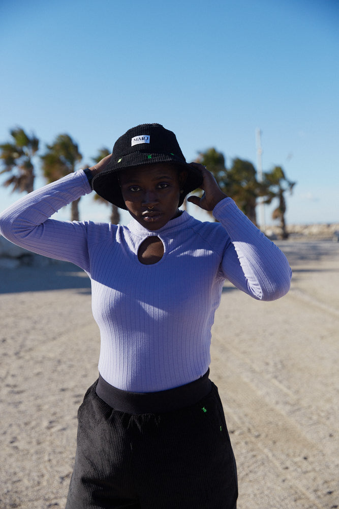 MARJ sustainable black corduroy bucket hat 