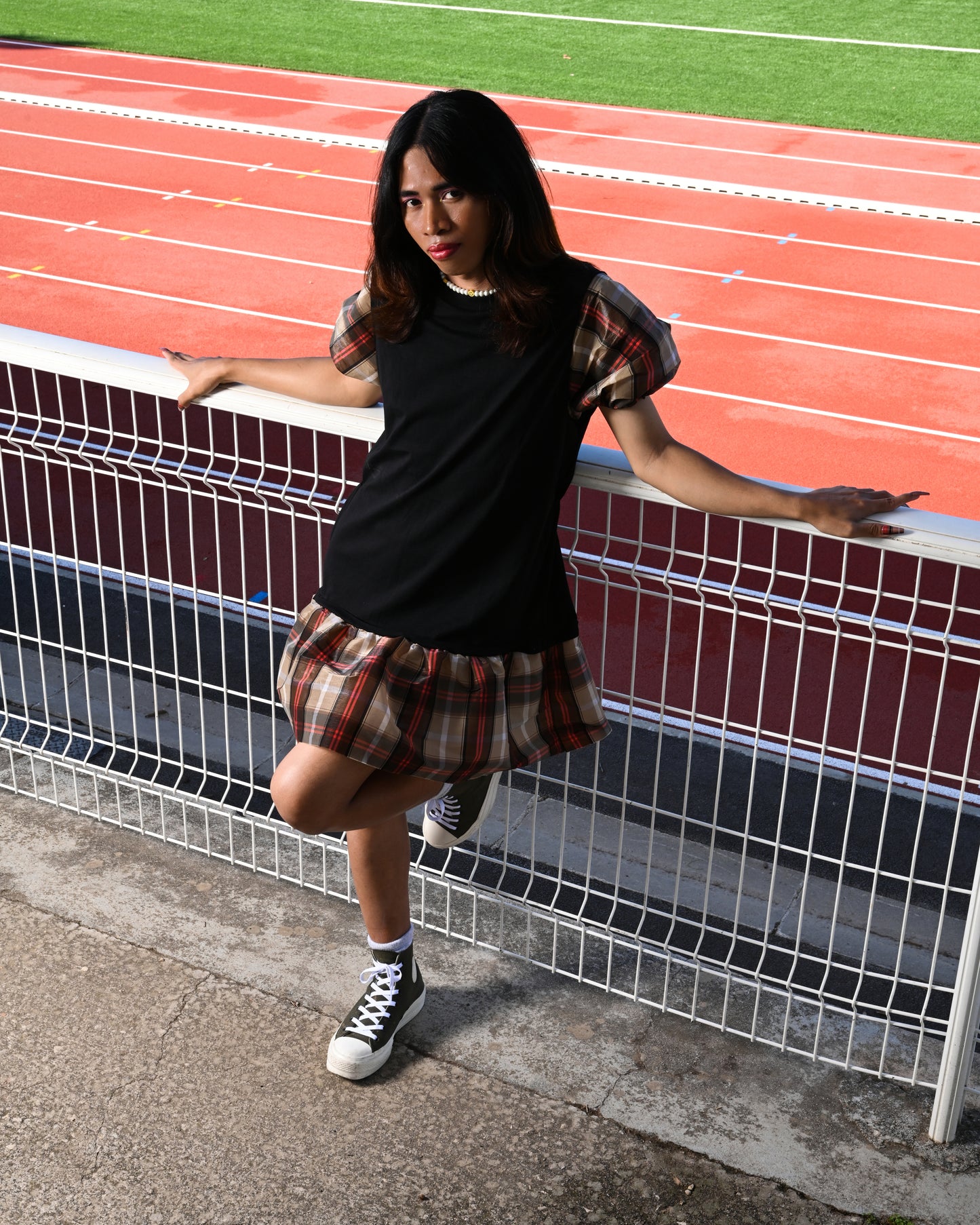 Tartan taffetas tshirt dress upcycling organic cotton Marj