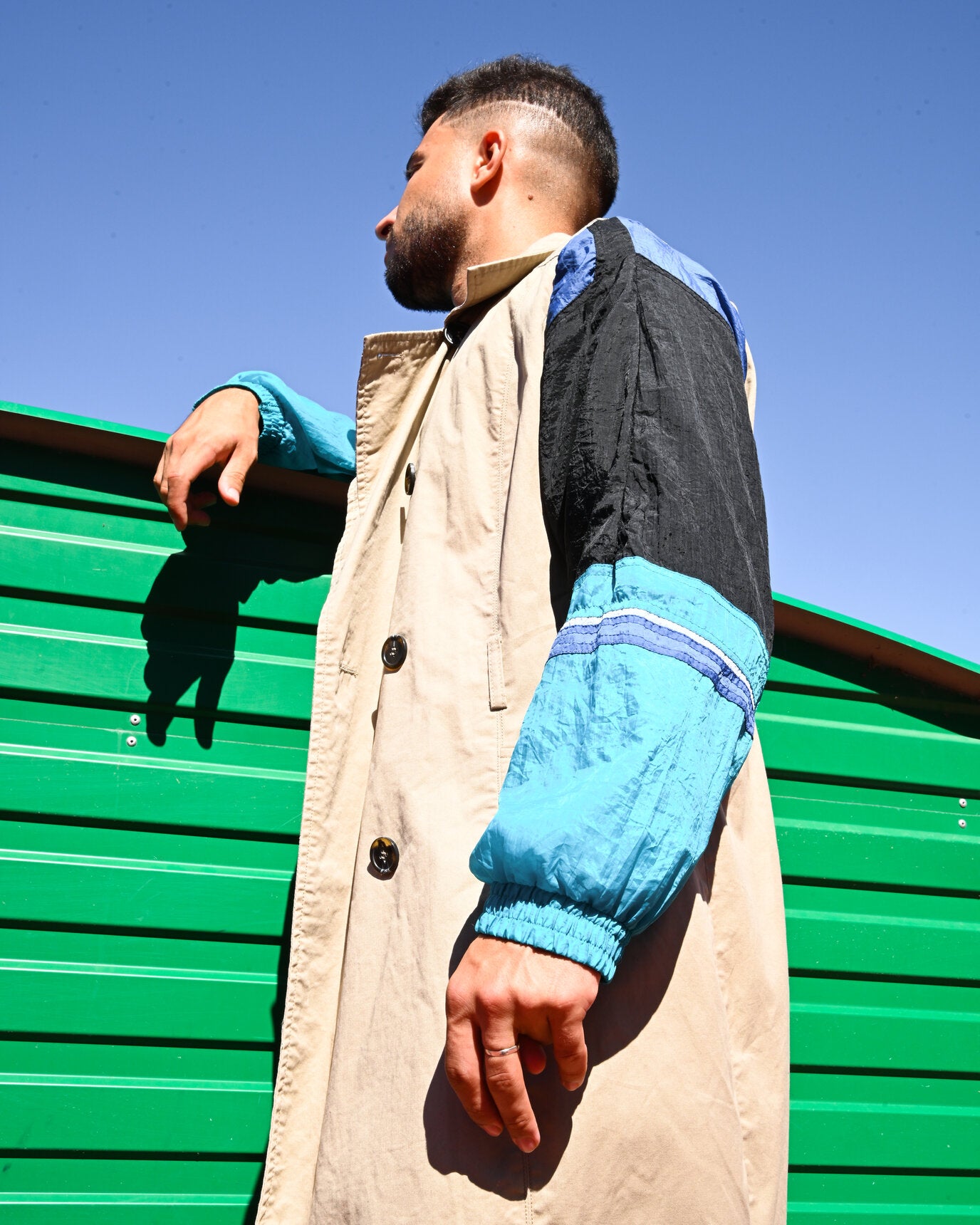 MARJ upcycling vintage trench coat and 90's tracker suit